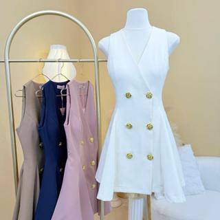 [LISA] A0873 ชุดเดรสกระโปรงคอวีแขนกุดดีเทลกระดุมทองดอกไม้เรี…