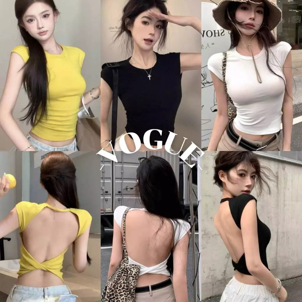Vogue🌟พร้อมส่ง🌟 เสื้อครอปไหมพรมแขนสั้น เว้าหลัง มีฟองน้ำ ยืดตามตัว (FY5037)