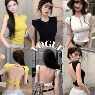 Vogue🌟พร้อมส่ง🌟 เสื้อครอปไหมพรมแขนสั้น เว้าหลัง มีฟองน้ำ ยืดตามตัว (FY5037)