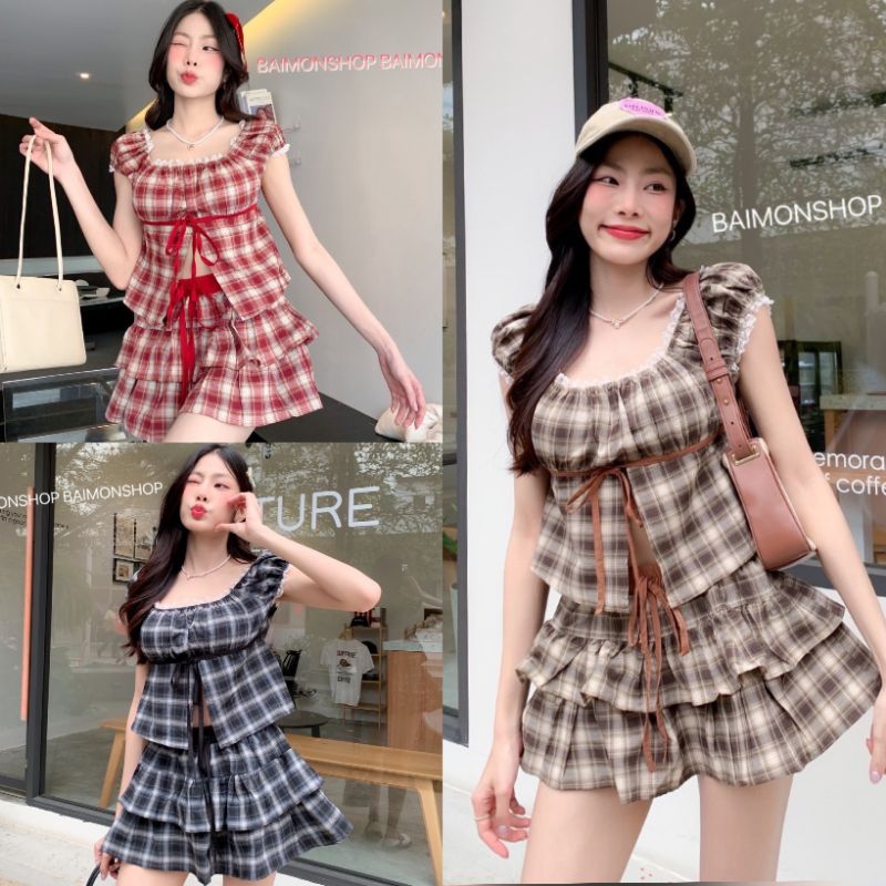 💰MahahengCloset💰(**เฉพาะกระโปรง**) กระโปรงระบายชั้น ลายสก็อตแต่งเชือกสุดเก๋ มีซับใน เอวยางยืดกระชับพอดีตัว งานจึ้งมากแม่