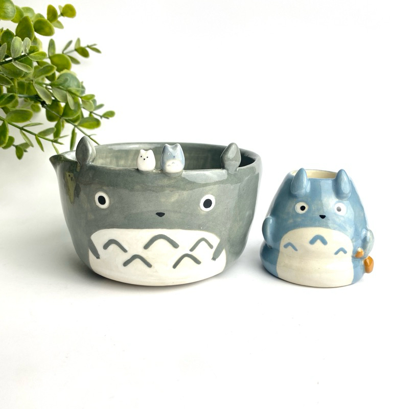 chawan ถ้วยชงชา มัทฉะ พร้อมที่วางแปรง วางchazen เซรามิกแฮนด์เมดสุดน่ารักลายโตโตโร่สีเทา totoro chawa