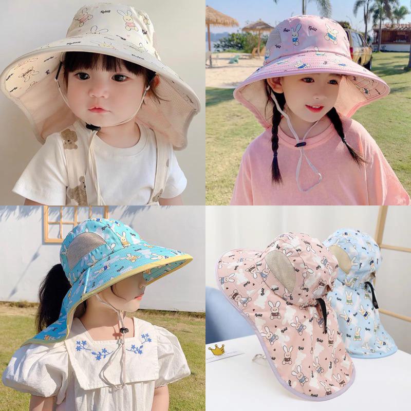 👒มาใหม่💕 หมวกเด็กปีกกว้าง กันแดด ปิดคอป้องกันUV ผ้าร่มลายการ์ตูนน่ารัก ระบายอากาศได้ดี