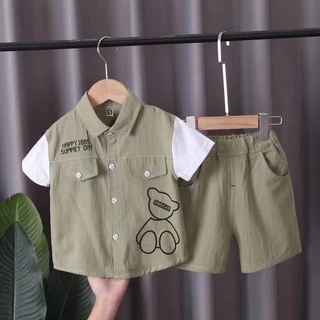 ชุดเซ็ทเด็ก แขนสั้นขาสั้น เสื้อเชิ้ตลายหมี
