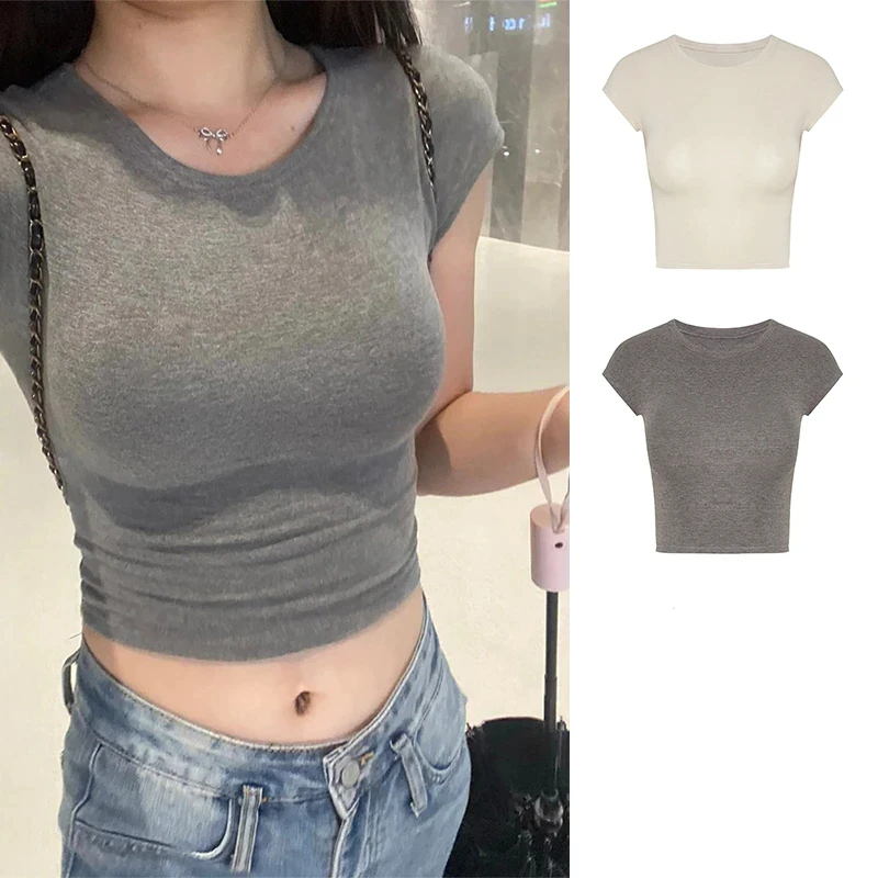 เสื้อยืดแขนสั้นคอกลมผู้หญิง ทรงสั้นเข้ารูป สไตล์เซ็กซี่หวาน เปรี้ยวแซ่บ เกาหลี 2025
