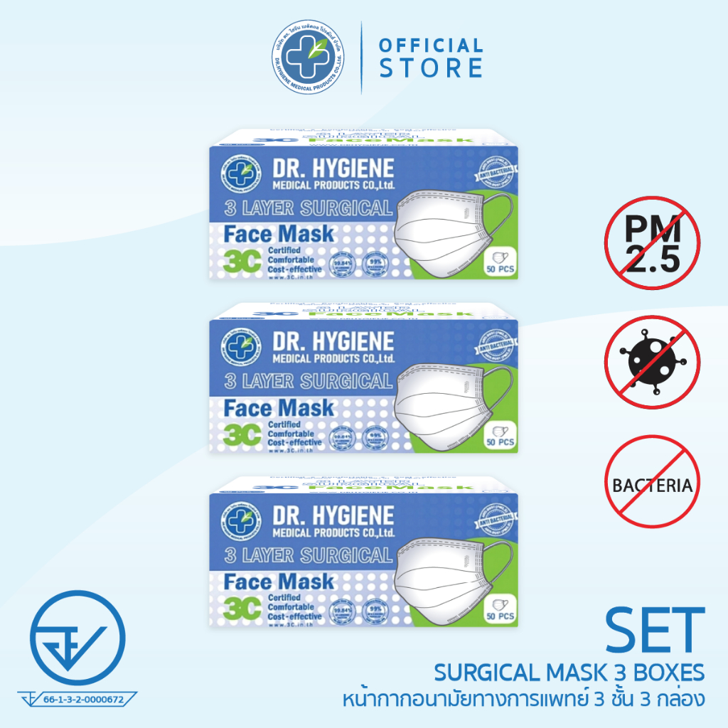 [Official] Dr. Hygiene Surgical Mask หน้ากากอนามัยทางการแพทย์ดร.ไฮจีน 3ชั้น (50ชิ้น 3กล่อง)
