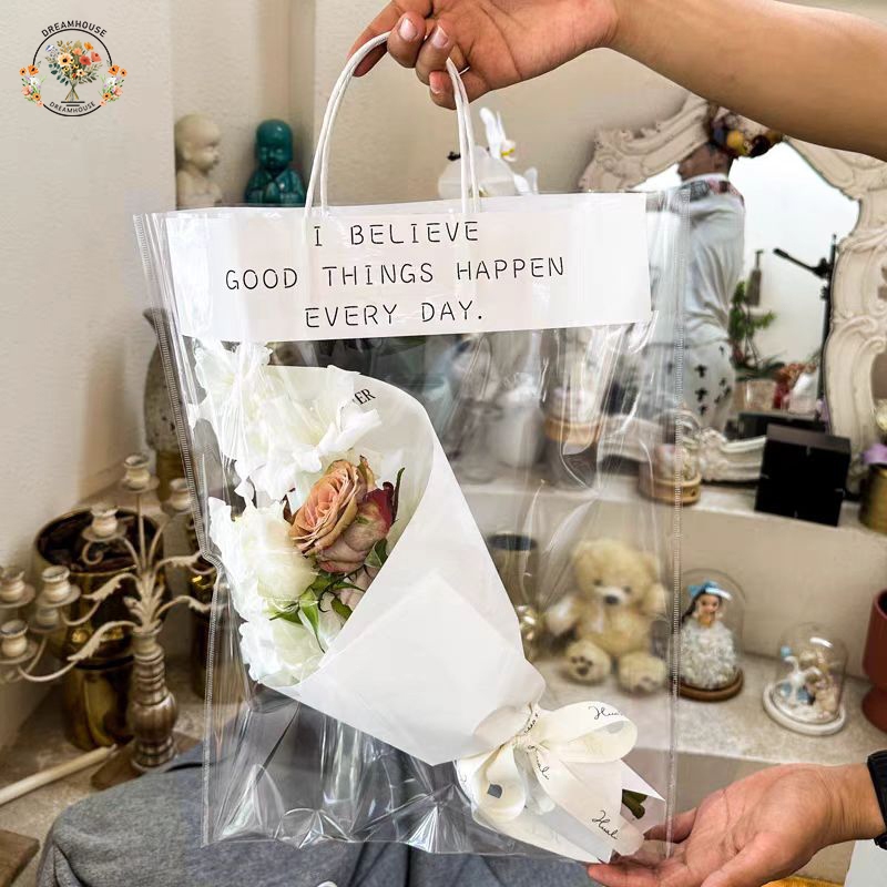 ถุงของขวัญ หูหิ้ว แบบใส ลายดอกไม้ สําหรับใส่ดอกไม้ ถุงวัสดุบรรจุภัณฑ์ช่อดอกไม้ สําหรับใส่ดอกไม้(ไม่รวมดอกไม้)
