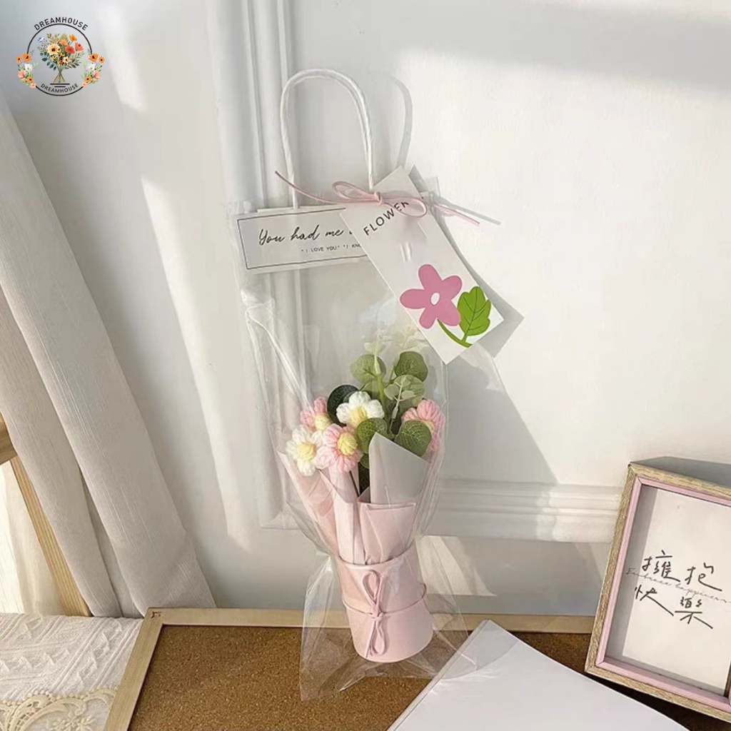 ถุงของขวัญ หูหิ้ว แบบใส ลายดอกไม้ สําหรับใส่ดอกไม้ ถุงวัสดุบรรจุภัณฑ์ช่อดอกไม้ สําหรับใส่ดอกไม้(ไม่รวมดอกไม้)