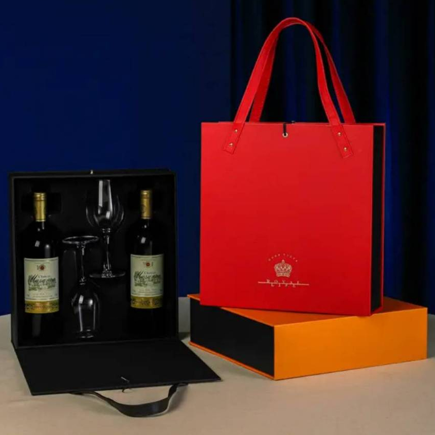 กล่องเก็บขวดไวน์ 2ขวด กระเป๋าไวน์🍷แถมแก้ว 2ใบ ชุดกล่องของขวัญ