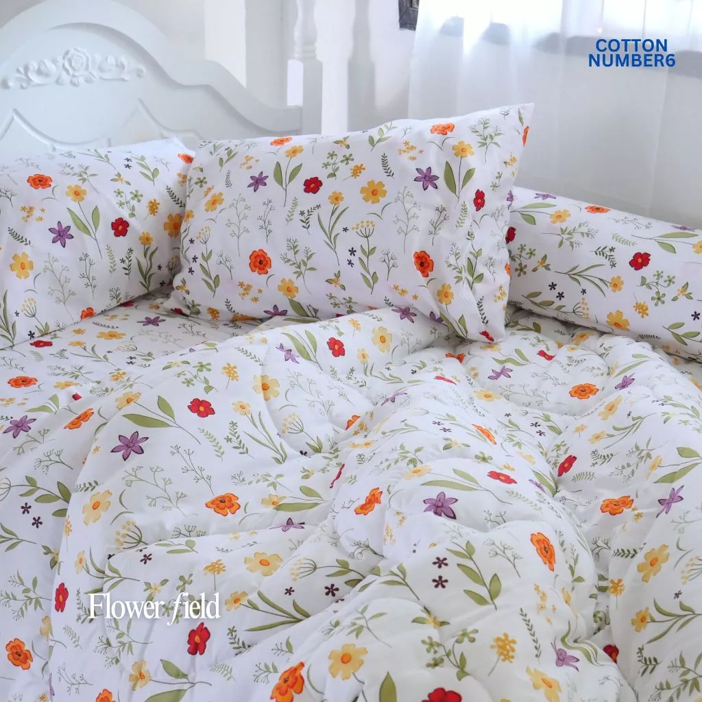 cottonnumber6 เเบรนด์ไทย flowerfield นวม2ด้านสลับสี ชุดผ้าปูที่นอน พิมพ์ลายพิเศษ ครบเซต6ชิ้น ผ้าคอตตอนเนื้อนุ่มทอละเอียด