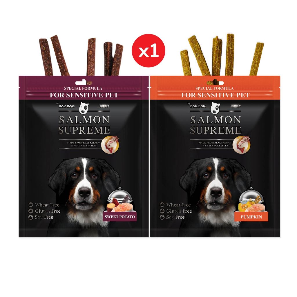 Bok Bok ขนมหมา ขนมสุนัข สัตว์เลี้ยง แซลมอน ซูพรีม (สูตรฟักทองและมันหวาน) 2 ซอง สูตรคลีน ปราศจากแป้งสาลี ข้าวโพด