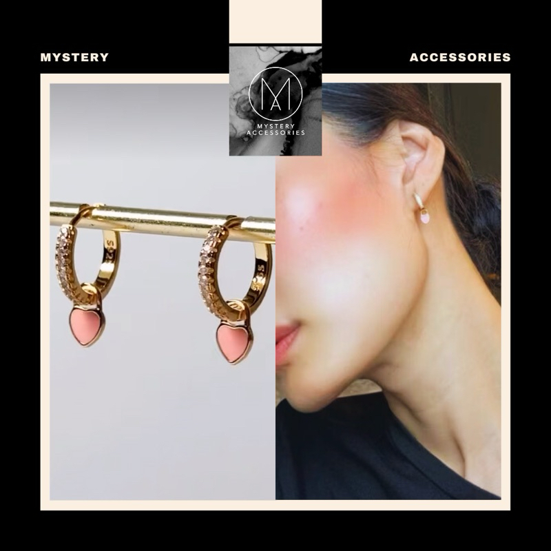 MA600: Yuri Earrings 💕| Mystery Accessories ต่างหูห่วงทองประดับเพชร พร้อมจี้หัวใจจิ๋วสีชมพู