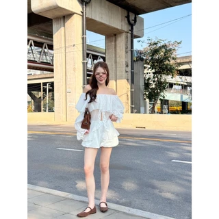 AceyAceyปาดไหล่อกระบายแขนยาวชายแหวกแต่งชายลูกไม้ซีทรู