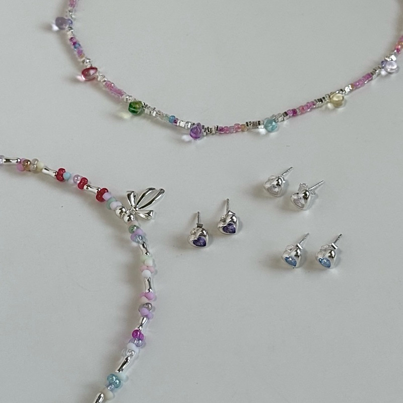 MWS เซตสร้อยคอลูกปัด&ต่างหูเงินแท้ Gem ดีเทลหัวใจ ใส่แล้วดูเป็น soft girl ละมุนแบบสุดๆ