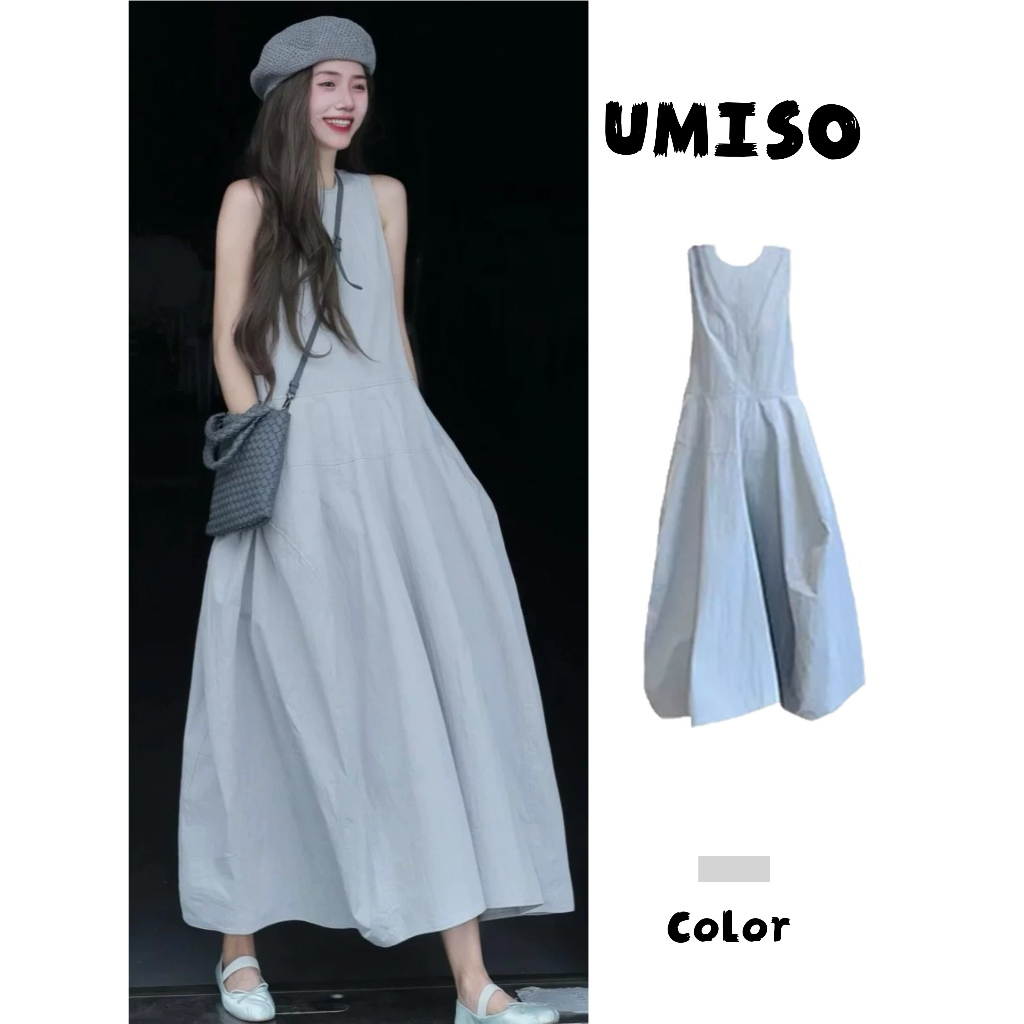 UMISO ชุดเดรสยาว เดรสคอกลม เดรสแขนกุด ชุดเที่ยวทะเล เนื้อผ้าใส่สบาย เดรสทรงหลวม
