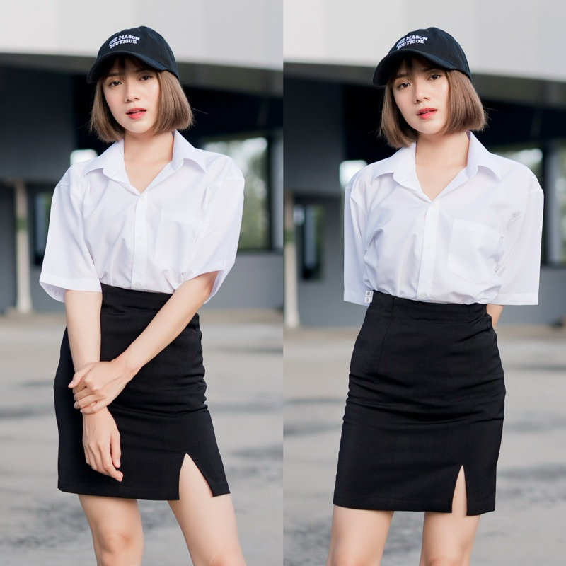 เสื้อนักศึกษาทรงบอยมีเป๋า (Oversize) เสื้อนักศึกษาทรงบอย Sz.S36-56 ทรงบอย