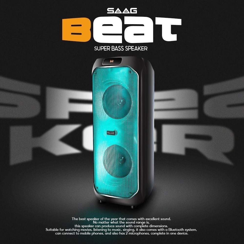 ลำโพงบลูทูธ USB, FM, Aux  SAAG รุ่น BEAT เบสแน่น เสียงดังกระหึ่ม กำลังขับ 20W x 2 ไมค์ลอย1ตัว