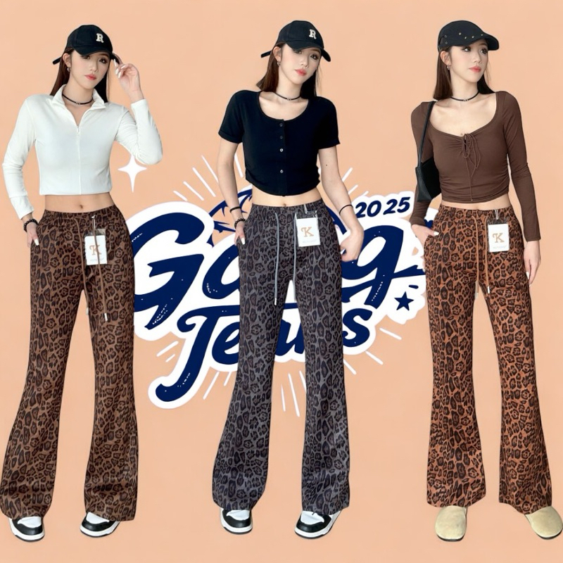 Gang_jeans#9291(K)New กางเกงขายาว ขาม้า ลายเสือ มีเชือกปรับเอว ได้ ผ้าเก็บหุ่นใส่แล้วดูเพียว