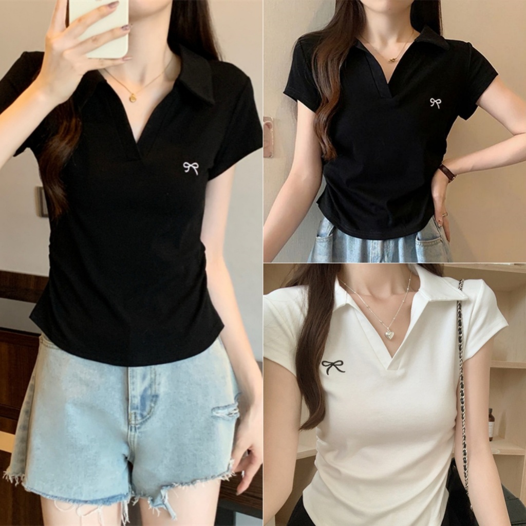 Beryl 🌻เสื้อคอโปโลแขนสั้น ดีไซน์โบว์ ดีไซน์เอวจีบ เสื้อสั้นรัดรูปสไตล์เกาหลีลำลอง