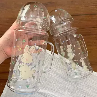 พร้อมส่ง แก้วน่ารัก 400ml ลายการ์ตูน กระต่าย สไตล์เกาหลี วัสดุแก้ว แก้วกาแฟ หนาพิเศษ