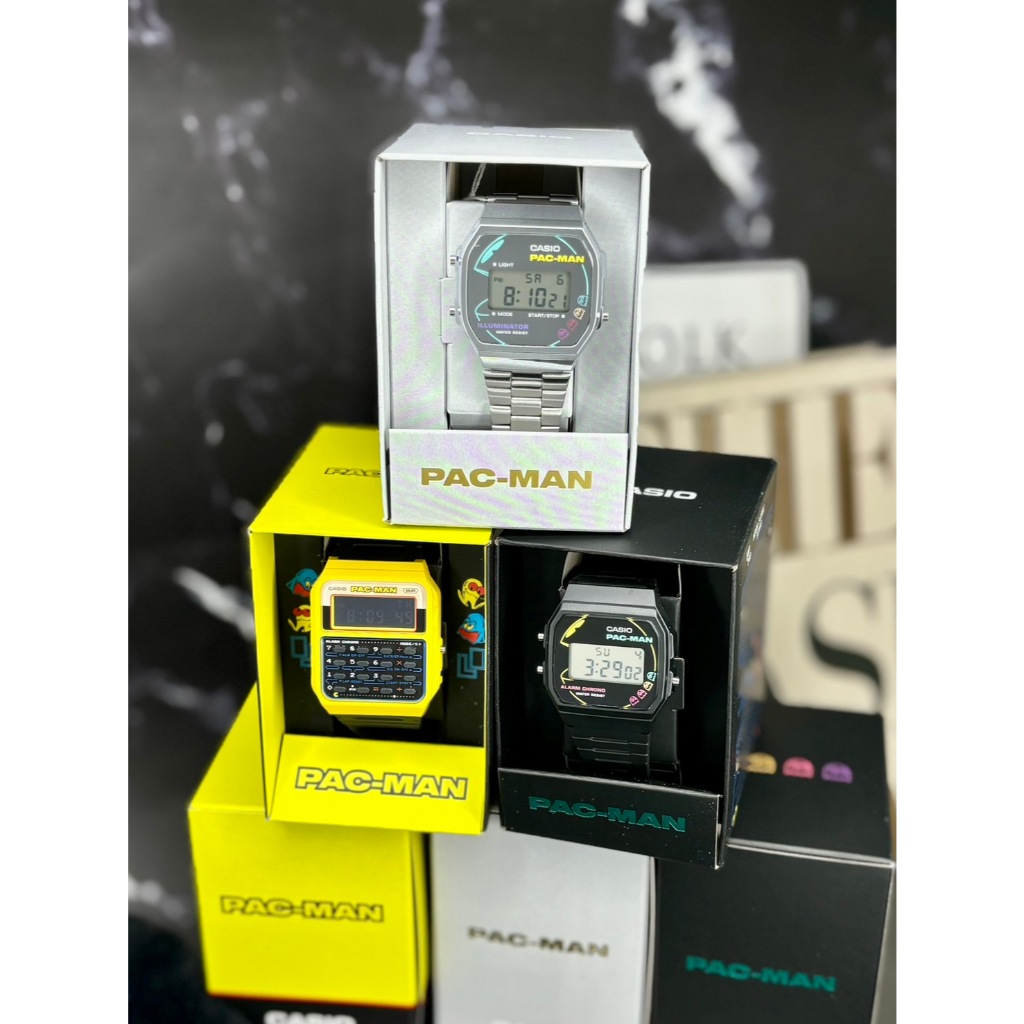 นาฬิกาข้อมือ Caio Vintage X Pac-Man ฉลองครบรอบ 45 ปี A168WEPC-7A, F-91WPC-1A, CA-53WPC-1B และ ABL-10