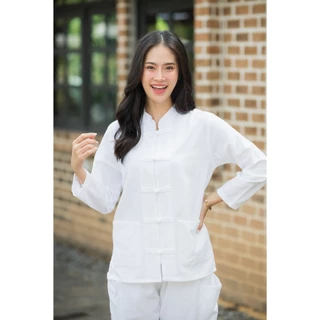 เสื้อพื้นเมืองผ้าฝ้ายสีขาว เสื้อไปวัด เทศกาลกินเจ 7แบบ แขนสั้น/แขนยาว