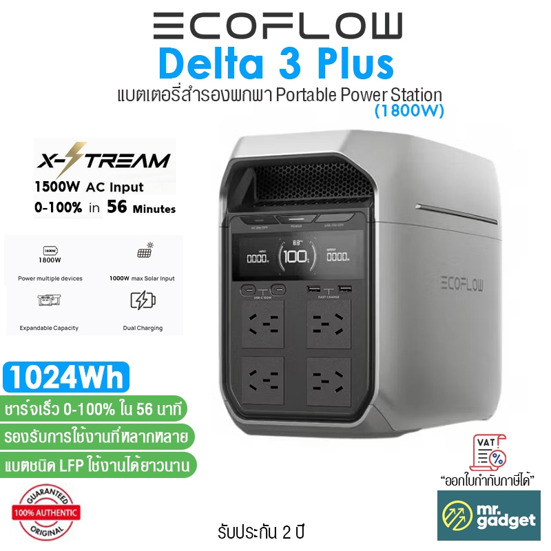 EcoFlow Delta 3 Plus แบตเตอรี่สำรองพกพา 1024Wh Portable Power Station 1800W