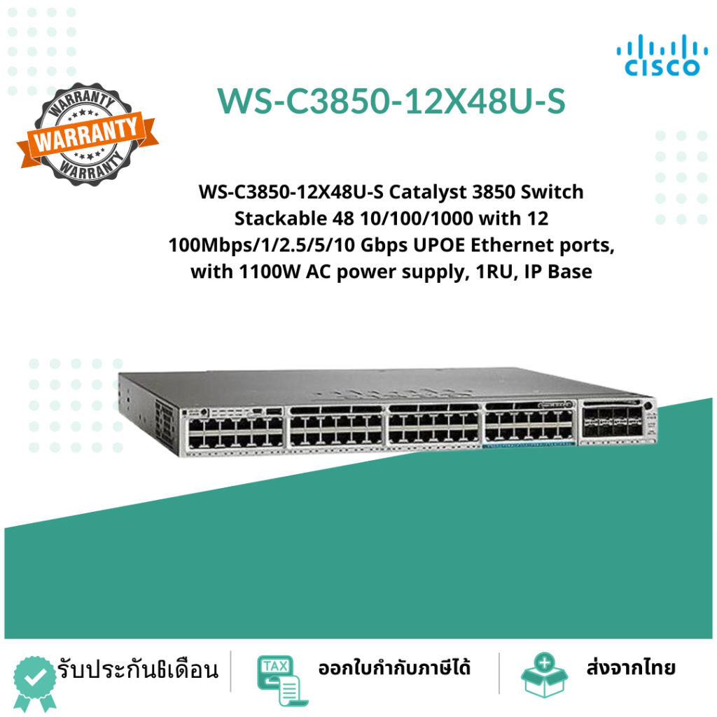 WS-C3850-12X48U-S Catalyst 3850 Switch Stackable 48 10/100/1000 with 12 100Mbps/1/2.5/5/10 Gbps UPOE