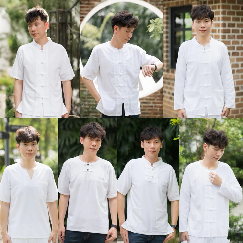 เสื้อพื้นเมืองทรงหม่อฮ่อมผ้าฝ้าย สีขาว ใส่สบาย7แบบ แขนสั้น/แขนยาว ราคาถูก มีปลายทาง