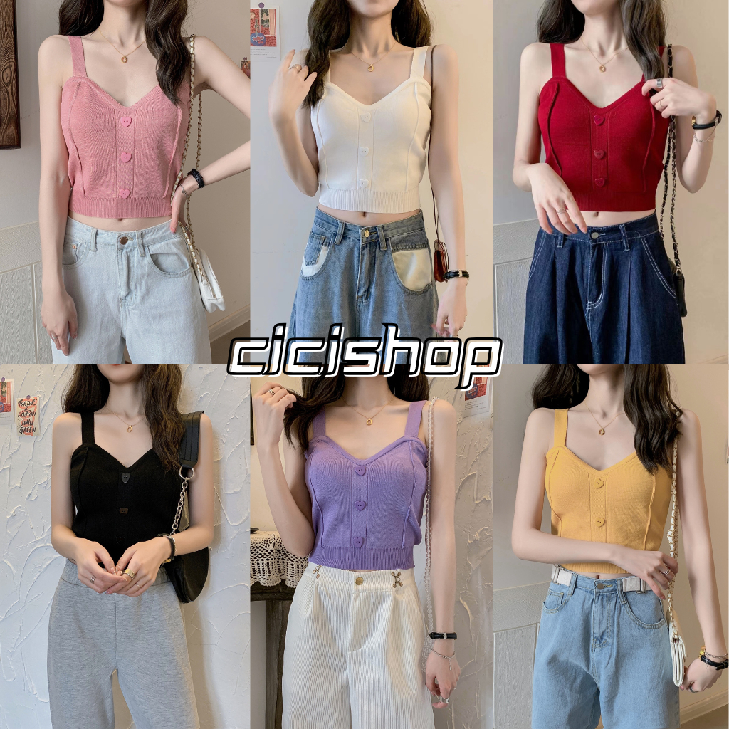 Cicishop(5539-1) สายเดี่ยวไหมพรม ดีเทลกระดุมหัวใจมินิฮาร์ท สไตล์เกาหลีน่ารักมากๆ