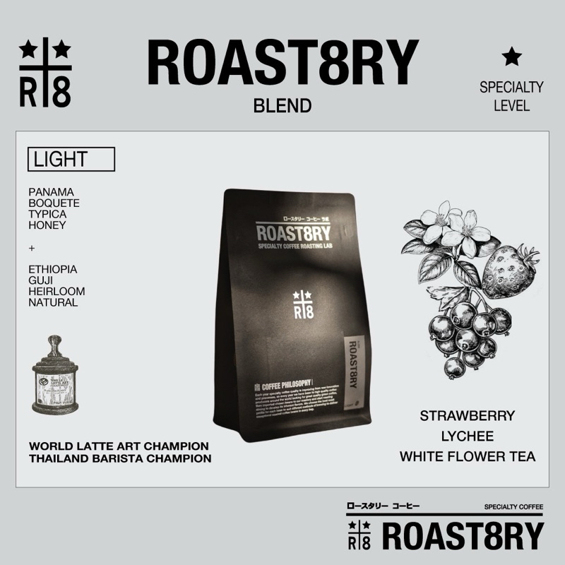 เมล็ดกาแฟคั่วอ่อน Roast8ry blend โทน Strawberry & Lychee สำหรับ Filter coffee