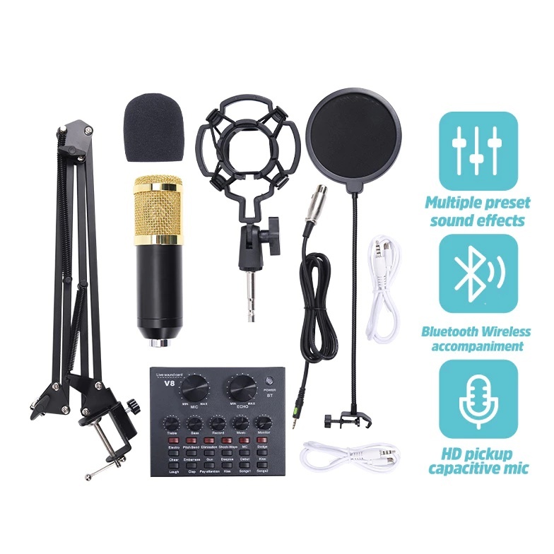 ไมค์อัดเสียง ไมค์ คอนเดนเซอร์ BM800 พร้อม ขาตั้งไมค์โครโฟน และอุปกรณ์เสริม (โช้คอัพโลหะ)ครบชุด V8/V8