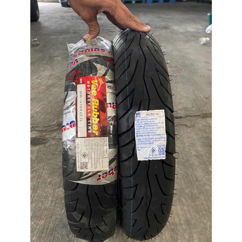 ยางรถมอเตอร์ไซค์ Vee Rubber รุ่น 431 ขนาด 80/80-14ปี21 + 90/80-14DAปี24 TL ราคาต่อ1 คู่