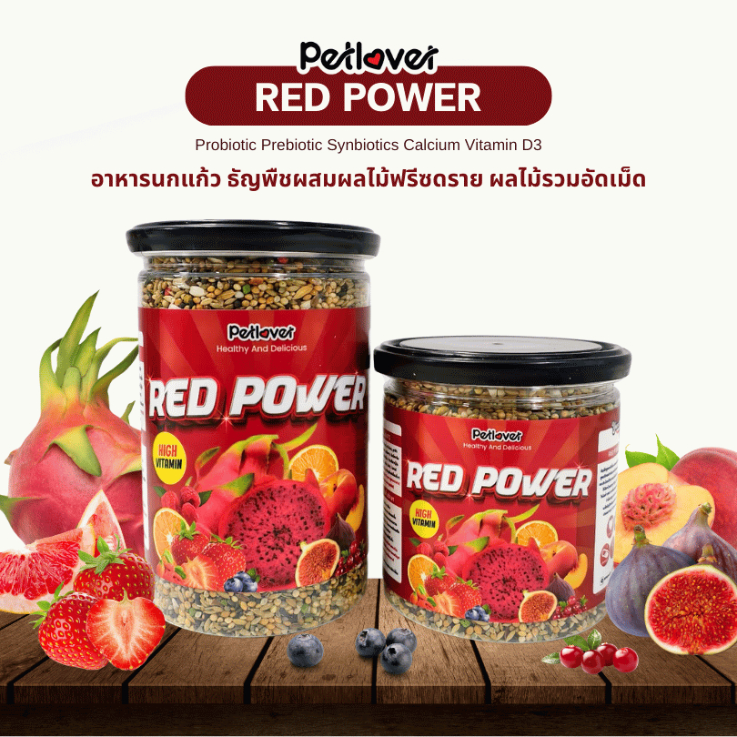 Red Power อาหารนกแก้ว ผสมผลไม้ฟรีซดราย สูตรพรีเมี่ยม สำหรับนกขนาดเล็ก - กลาง (กระปุก 300G / 500G)