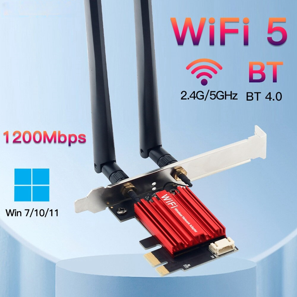 WiFi 5 PCI-E อะแดปเตอร์ไร้สาย AC1200 การ์ดเครือข่ายแบบ Dual Band 2.4G / 5GHz 802.11AC สำหรับ Bluetooth 4.0 เดสก์ท็อป Win