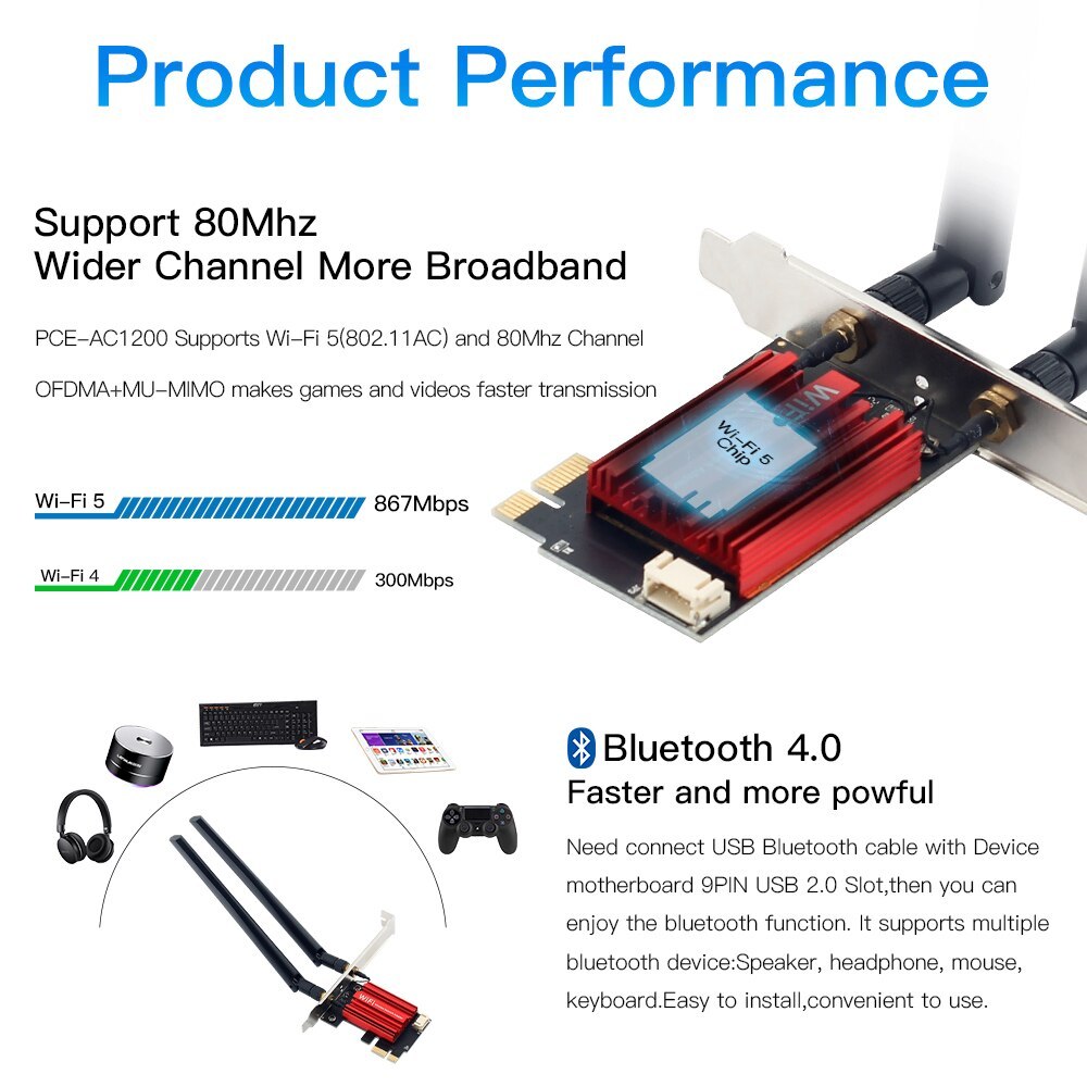 WiFi 5 PCI-E อะแดปเตอร์ไร้สาย AC1200 การ์ดเครือข่ายแบบ Dual Band 2.4G / 5GHz 802.11AC สำหรับ Bluetooth 4.0 เดสก์ท็อป Win