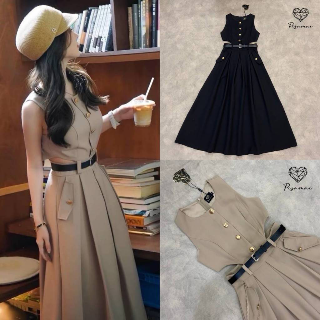 Pisamai เดรสแขนกุด สายแคมป์ปิ้งต้องมีเลยค่า เป็นทรงเว้าเอวมาพร้อมเข็มขัดเข้าเซ็ต สวยเก๋มากกก