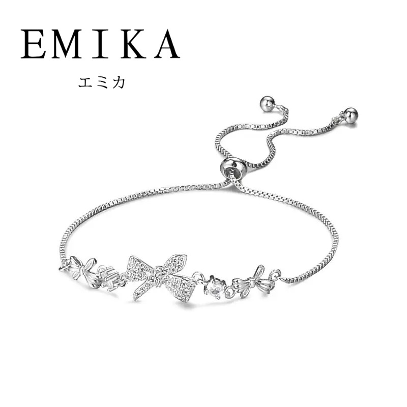 EMIKAสร้อยข้อมือ925สร้อยข้อมือโบว์ แถบสร้อยข้อมือแฟชั่น ปรับความยาวได้ เครื่องประดับผู้หญิง น่ารัก