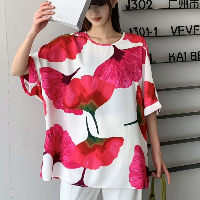 เสื้อแขนสั้นลายดอกใส่สงกรานต์ Big size (อก 60 นิ้ว) พิมลาย ผ้าไหมอิตาลี ผ้าบางเบา ใส่เย็นสบาย  C3