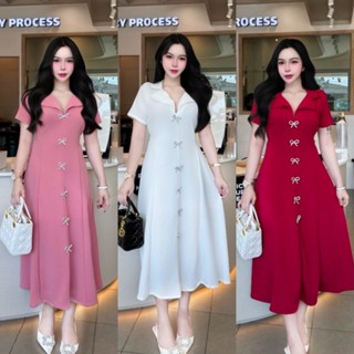 เดรสยาวผ้าวูลเวฟคอปกแต่งโบว์เพชรซิปหลังพร้อมสายผูกเอว  A4589