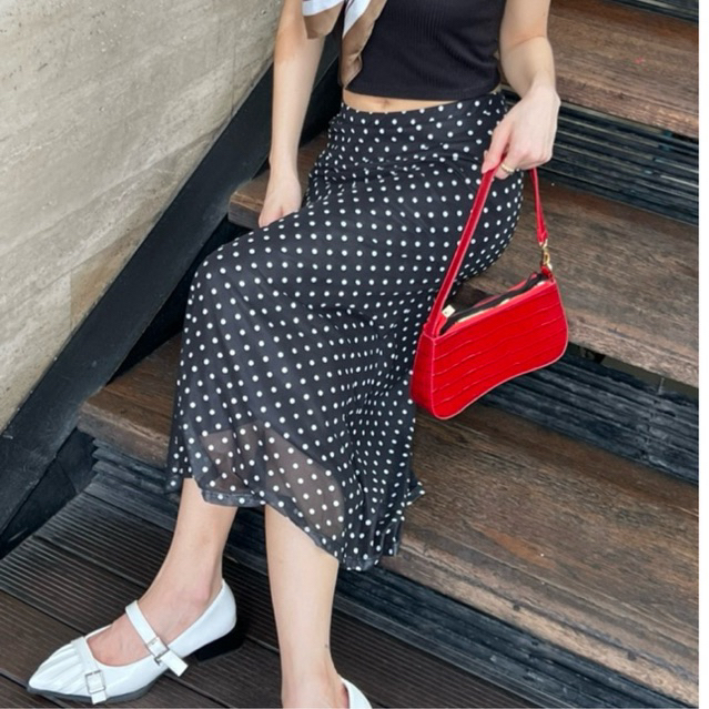 พร้อมส่ง polkadot skirt กระโปรงยาว กระโปรงลายจุดเล็ก มีซับใน