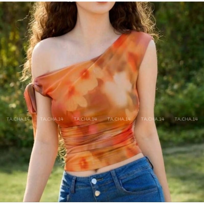 พร้อม​ส่ง​ 🍒🌈​ เสื้อยืดปาด​ไหล่​ พิมพ์​ลาย​มัด​ย้อม​ ผูกไหล่​ แต่งผ้า​ตาข่าย​ สีส้ม​ สีชมพู​
