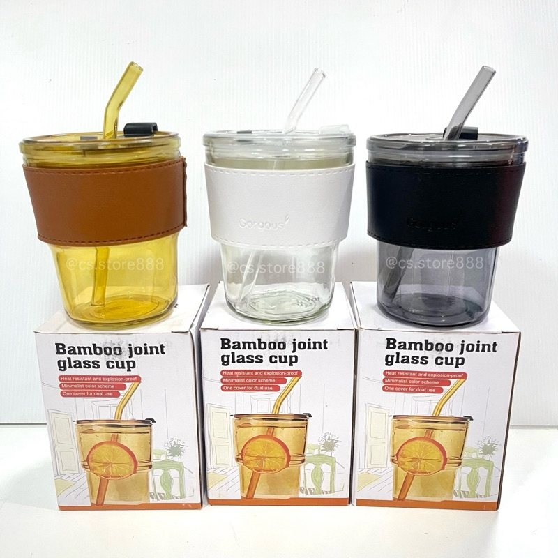 แก้วกาแฟ แก้วใส่น้ำ สไตล์มินิมอล พร้อมหลอดแก้ว ฝาปิด ปลอกหนังกันร้อน 400 ml.