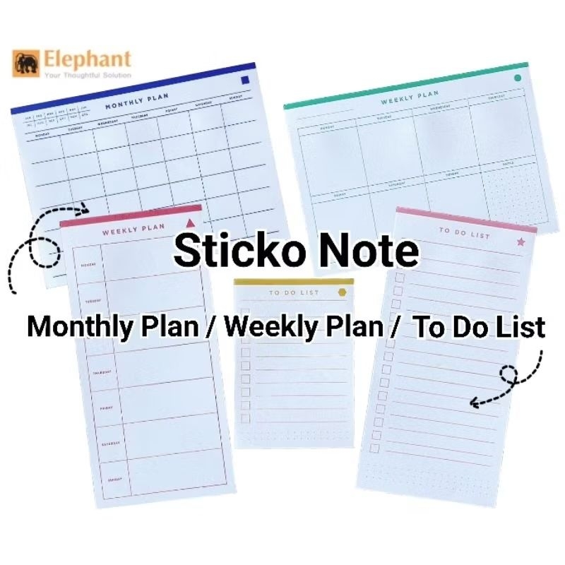 Elephant กระดาษโน้ตกาวในตัว Monthly Plan รายเดือน/ Weekly Plan รายสัปดาห์/ To Do List บันทึกรายการ จำนวน 30 แผ่น/แพ็ค