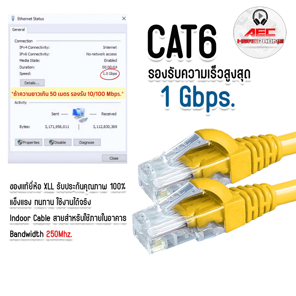 XLL สายแลน CAT6 สำเร็จรูป สีเหลือง (YELLOW) ความยาว 1 เมตร ถึง 10 เมตร