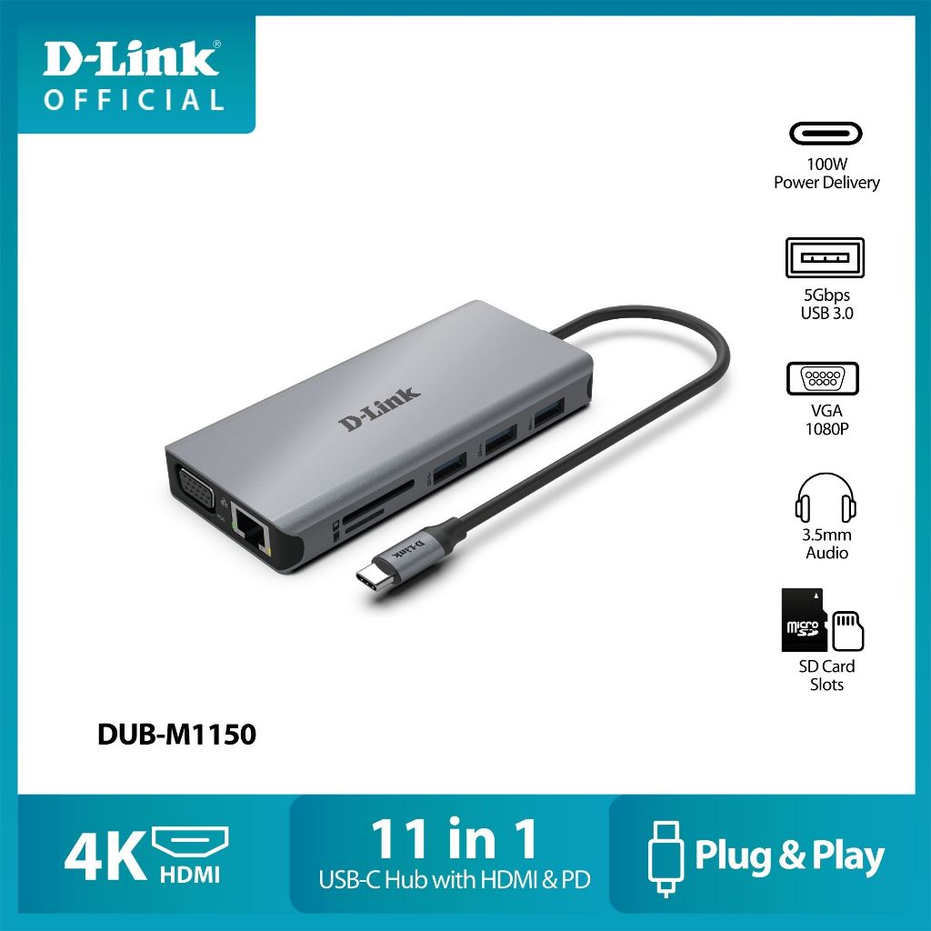 D-LINK DUB-M1150 11-IN-1 USB-C DOCKING STATION HUB/ULTRA HD VIDEO USB 3.0 TYPE-C PD PORT UP TO 100W