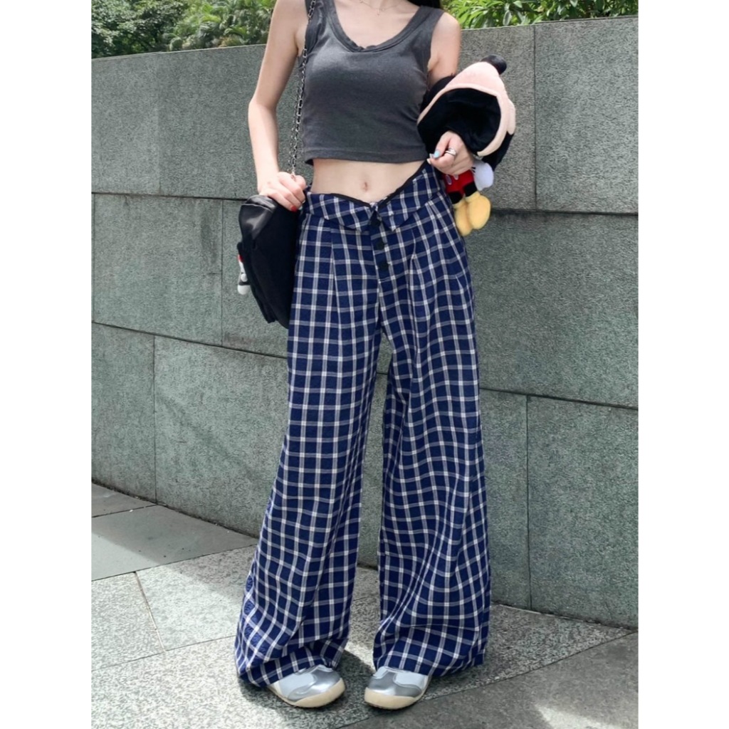 กางเกงลายสก๊อต กางเกงขาบาน เอวพับ เอววี สีกรมท่าสวย ผ้าใส่เย็นสบาย #1501154