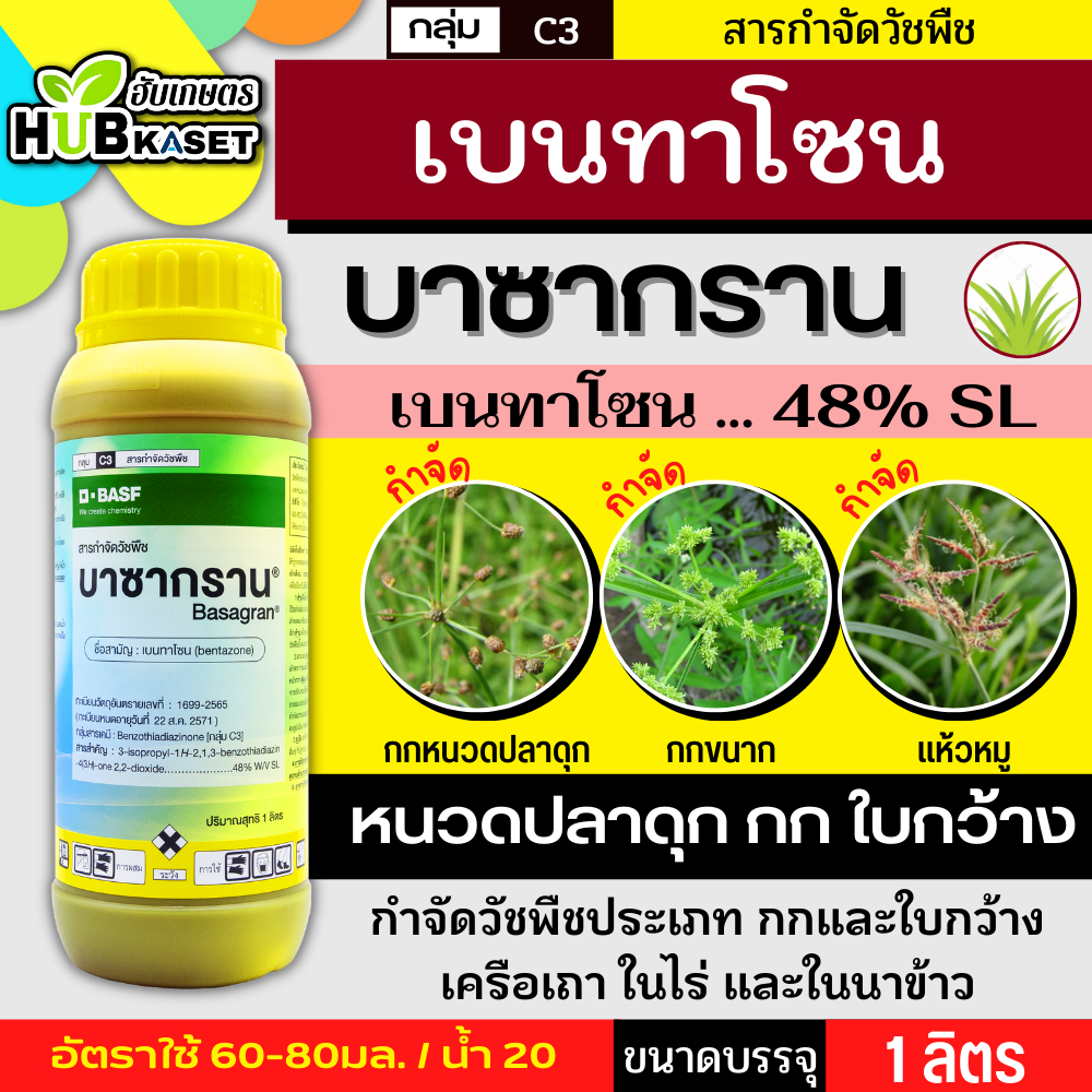 บาซากราน 1ลิตร (เบนทาโซน) กำจัดวัชพืช ใบกว้างและกก เก่งกกหนวดปลาดุก