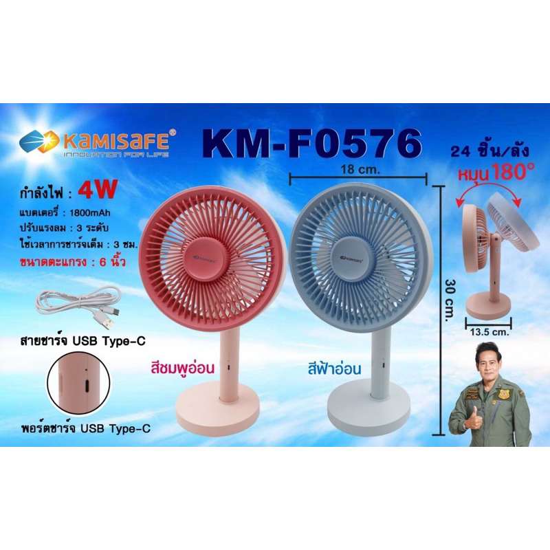 KAMISAFEพัดลมตั้งโต๊ะ พกพาได้ ขนาด 6 นิ้ว ปรับแรงลมได้ 3 ระดับ รุ่นKM-F0576
