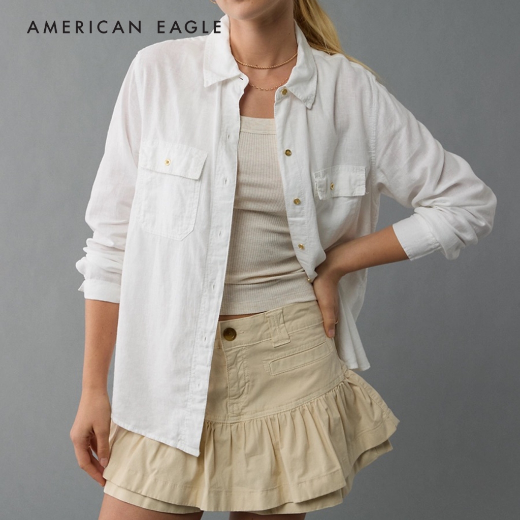 American Eagle Weekend Vibes Linen-Blend Long-Sleeve Button-Up Shirt เสื้อเชิ้ต ผู้หญิง แขนยาว (NWSB 035-6127-100)