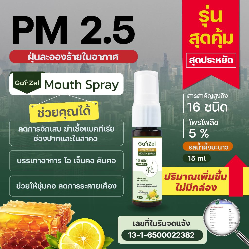 สเปรย์ (บรรเทาอาการไอและอักเสบของคอ) พ่นช่องปากและลำคอ ขนาด 15ml. ไม่มีกล่อง (ฝุ่น PM 2.5)